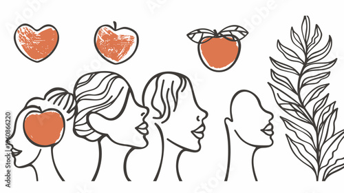 Line art illustration of women's profiles, fruits, and a plant on a white background
