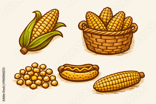 Set of delicious corn cobs, roasted hot dog with mustard and peas in a basket illustration for your cooking and recipe content
