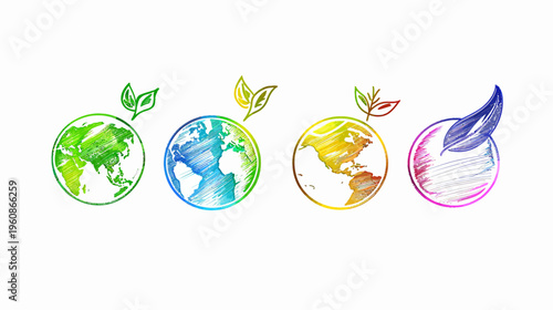 Four colorful globes with leaves atop, appearing painted. Each one has a different color scheme