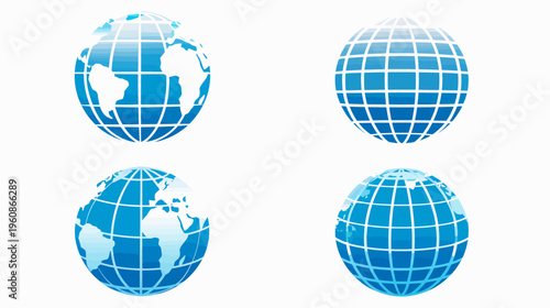 Four stylized blue globes with grid lines and continental shapes against white