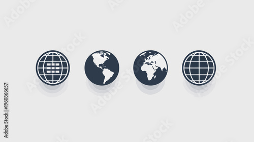 Four stylized globe icons arranged horizontally against a light gray background, casting subtle shadows