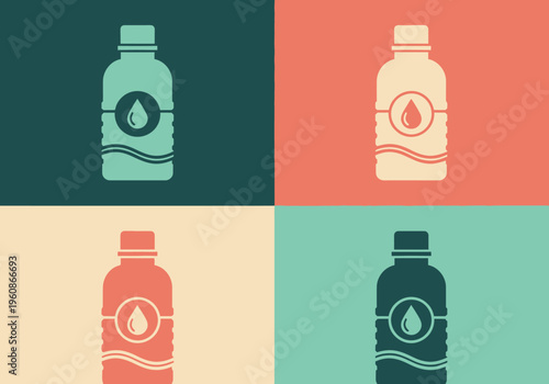 Pop Art Water Bottle Icon Grid in Retro Colors, Minimalist Beverage Illustration for Health and Sustainability Branding