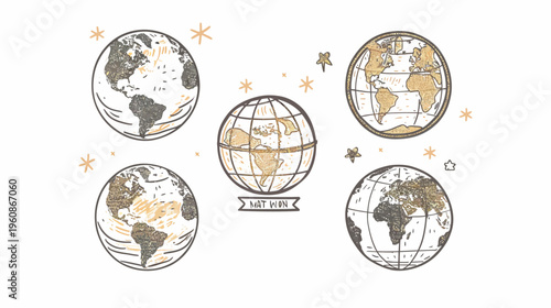 A collection of Earth globe illustrations in a vintage style, with star elements and "NAT WON" label