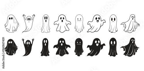 Cute cartoon ghost smiling face Character with big eyes and Halloween Spooky Spirit Vector 
Illustration