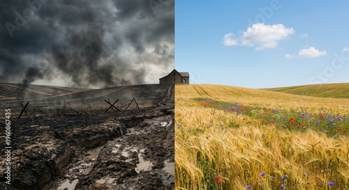 War-Torn Desolation Versus Peaceful Countryside Landscape Contrast