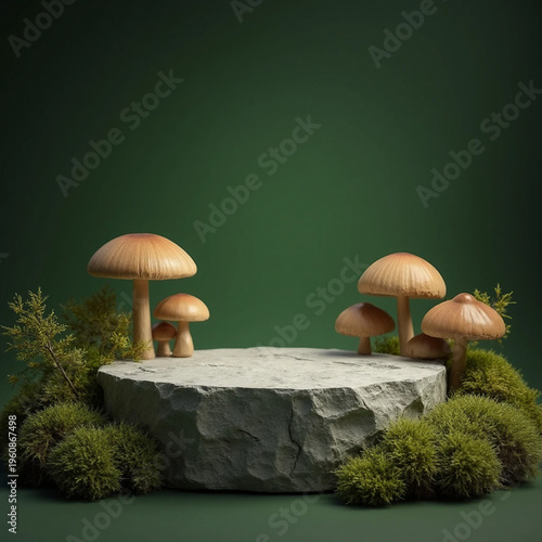 Stone Product Podium Surrounded by Moss and Mushrooms on a Dark Green Background
