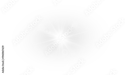 Yellow star flashed with sparkles sun isolated on white background. Soft glow without departing rays, sunlight with lens flare effect. PNG vector light effect.