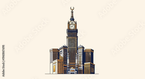 Minimalist Vector Illustration of Makkah Royal Clock Tower Abraj Al-Bait in Mecca Saudi Arabia - Islamic Landmark and Pilgrimage Concept