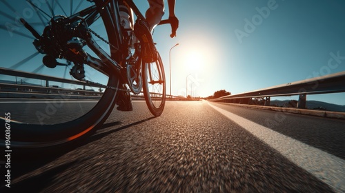 Cardio sports cycling biking exercise training, healthy lifestyle. A cyclist riding a bicycle on a road at sunset, with the sun casting a golden hue over the scene. The cyclist is in sharp focus.