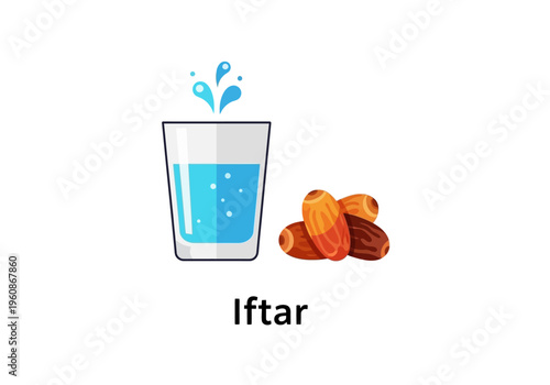 Ramadan Iftar Illustration with Glass of Water and Dates Fruit, Islamic Fasting Concept Vector