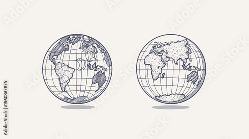 Two hand-drawn illustrations of globes with grid lines. Shadows cast beneath, on a light cream background