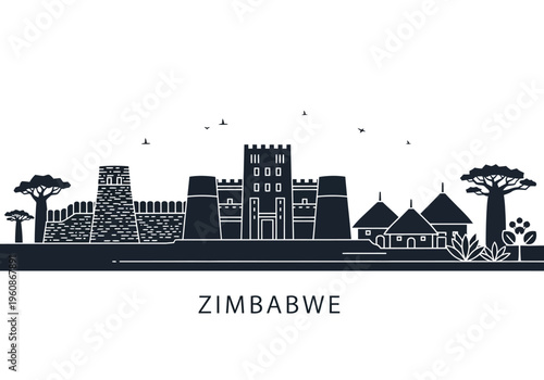 Zimbabwe Cityscape Skyline Silhouette with Great Zimbabwe Ruins, Baobab Trees, and Famous Landmarks