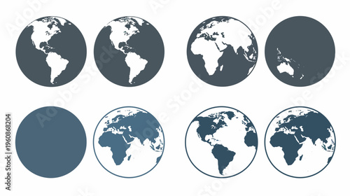 Eight stylized globes with varied earth views, in shades of gray and blue, presented in a grid