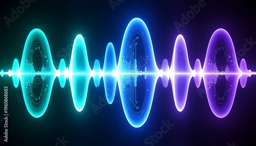 glowing blue and purple sound waves on a dark background.
