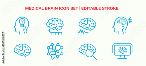 Brain medical icon collection with thinking head, pain, neuron and MRI scan symbols, representing psychology disorder, magnetic resonance imaging and healthcare treatment in editable outline style.