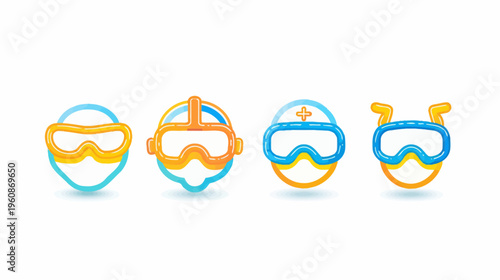 Four stylized icons of goggles and masks in various colors