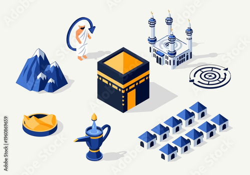 Isometric Hajj and Umrah Icon Set Featuring Kaaba, Mosque, Pilgrim, and Islamic Pilgrimage Symbols