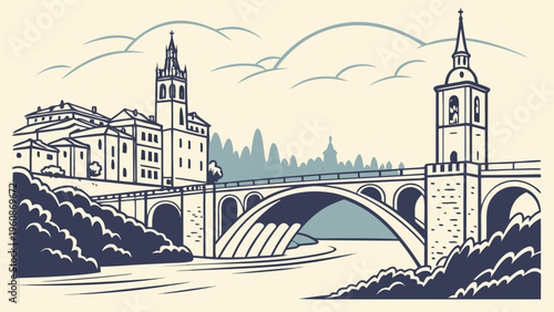 Historic Bridge Over River Old Town Flat Vector