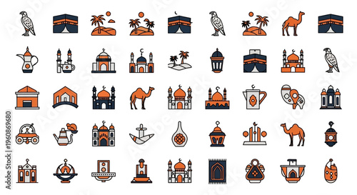 Middle East and Islamic Culture Icon Set Featuring Kaaba Mosque Falcon Camel and Traditional Arabian Symbols for Travel Religion and Tourism Design
