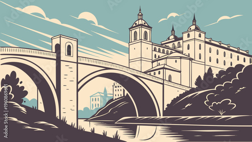 Historic Bridge Over River Old Town Flat Vector