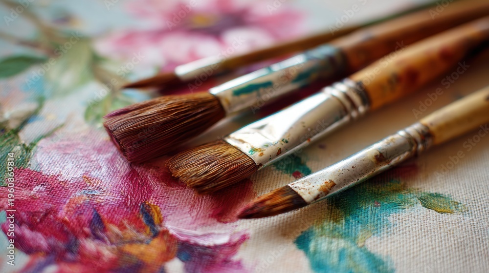 Fototapeta premium Education training class. Knowledge learning improvement study. A closeup of three paintbrushes resting on a vibrant, colorful fabric with a floral pattern. The background is slightly blurred.