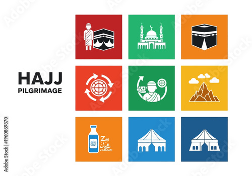 Islamic Hajj Pilgrimage Icon Set Featuring Kaaba, Mosque, Zamzam Water, Mount Arafat, and Mina Tents for Umrah and Makkah Travel Guides