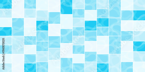 Blue pool tile mosaic pattern with water reflection and rectangular grid background