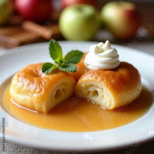 Glazed Warm Apple Rings with Caramel Sauce, Whipped Cream, and Fresh Mint