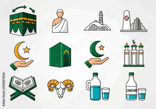 Islamic Hajj and Umrah Icon Set: Pilgrimage Symbols Including Kaaba, Zamzam Water, Pilgrim, Quran, and Eid al-Adha Sacrifice Ram