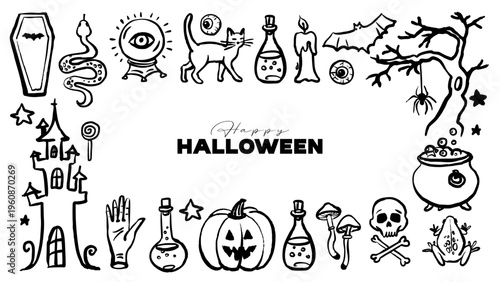Halloween magic doodle frame. Occult symbols, potion tools, creatures. Party invitation, poster, kids decor, sticker pack. Hand drawn crayon vector isolated illustration.