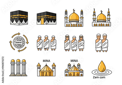 Islamic Hajj and Umrah Pilgrimage Icon Set with Kaaba, Mosque, Pilgrims in Ihram, Mina Tents, and Zamzam Water Illustration