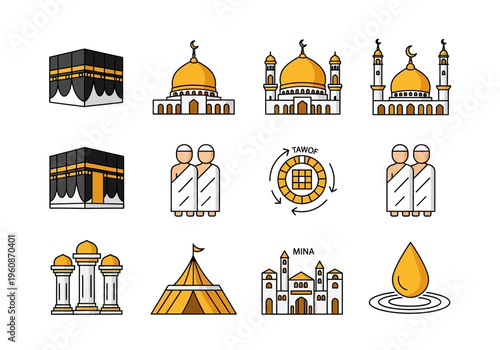 Hajj and Umrah Pilgrimage Icon Set - Kaaba, Mosque, Pilgrims, Tawaf, and Islamic Holy Sites Vector Illustrations for Mecca Travel and Religious Content