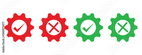 Circular gear and settings icons, check mark and cross symbols, flat configuration buttons