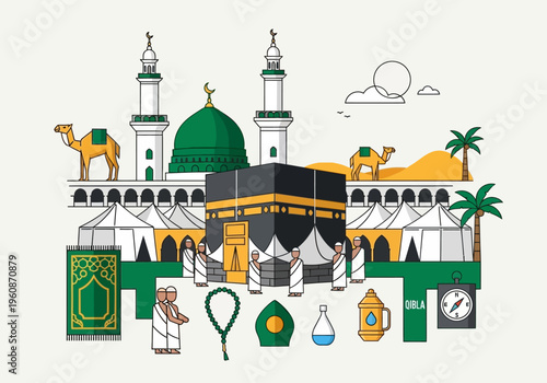 Flat Vector Illustration of Hajj and Umrah Pilgrimage Elements Featuring the Kaaba, Masjid al-Nabawi, and Islamic Symbols