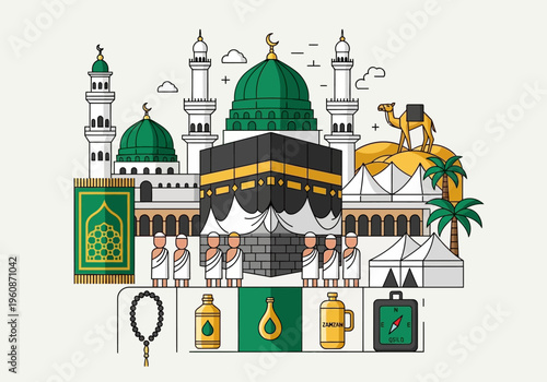 Hajj and Umrah Pilgrimage Flat Line Illustration featuring Kaaba, Prophet's Mosque, Pilgrims in Ihram, and Islamic Symbols like Zamzam and Tasbih