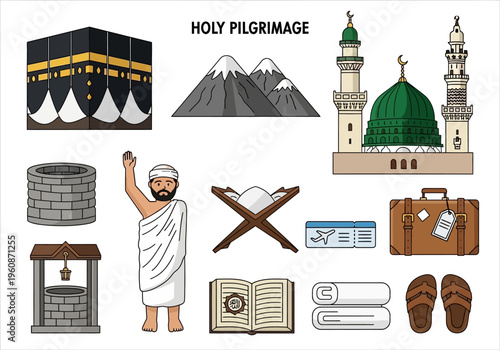 Islamic Holy Pilgrimage Icons Set for Hajj and Umrah featuring Kaaba, Mosque, and Travel Essentials