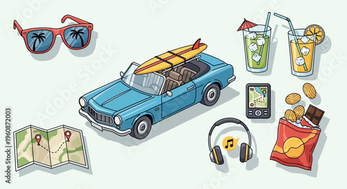 Blue Convertible Car with Surfboard.