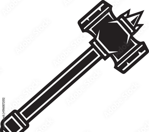 Black and white spiked mallet icon, vector hammer graphic, illustration tool, monochrome design element