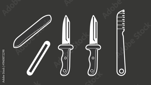 Black and white illustration featuring various cutlery pieces, like knives and peelers