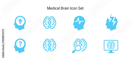 Brain medical icon collection with thinking head, pain, neuron and mri scan symbols, representing depression, psychology disorder and scientific treatment in solid glyph icons.