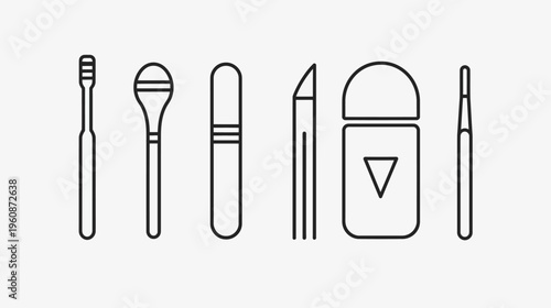 A collection of six simplified line-art illustrations of beauty and grooming tools