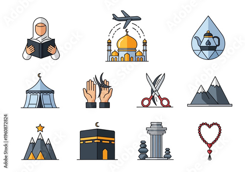 Hajj and Umrah Icon Set - Islamic Pilgrimage Ritual Symbols with Kaaba, Mosque, Prayer Beads, and Travel Elements