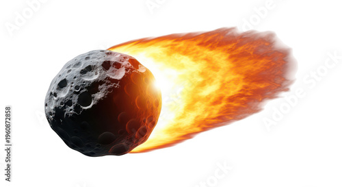 A fiery comet streaking through the dark expanse of outer space with glowing tail isolated on transparent background