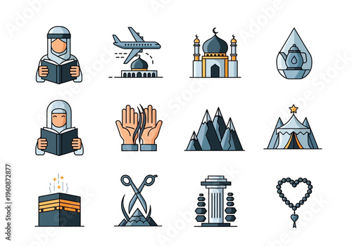 Islamic Hajj and Umrah Pilgrimage Icon Set - Vector Illustrations of Kaaba, Mosque, Dua, Tasbih, and Religious Rituals for Muslim Holidays and Education