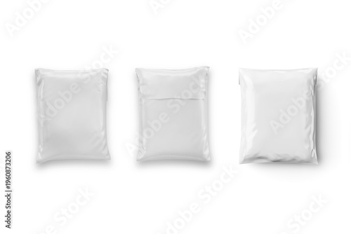 Empty blank white plastic parcel bag mockup front and back side isolated on a grey background. Shipping Plastic Bag Postal Packing. Postal package. 3d rendering.