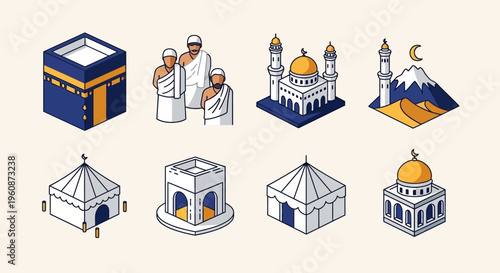Islamic Hajj and Umrah Icon Set: Kaaba, Mosque, Pilgrims in Ihram, Mina Tents, and Mount Arafat Isometric Vector Illustration for Religious Projects