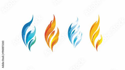 Four stylized flames in vibrant colors blue, orange, blue, and yellow. Abstract and artistic, with gradients