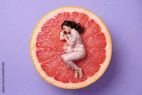 Minimalist surreal concept. Millennial woman in silk pajamas sleeping on a huge juicy piece of grapefruit against lavender purple background. Physical recovery and self-care