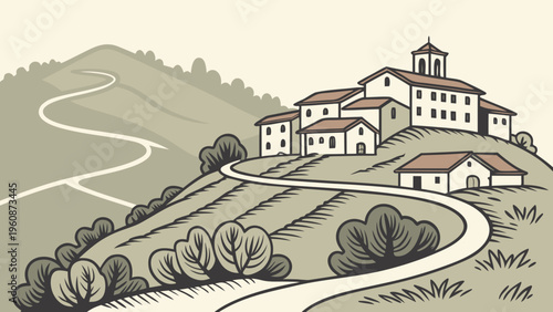 Mountain Village Terraced Houses Flat Vector