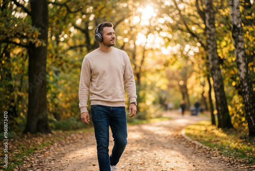 Man walking in autumn park listening to music or podcast in headphones for mental health during sunset, millennial. Self-care